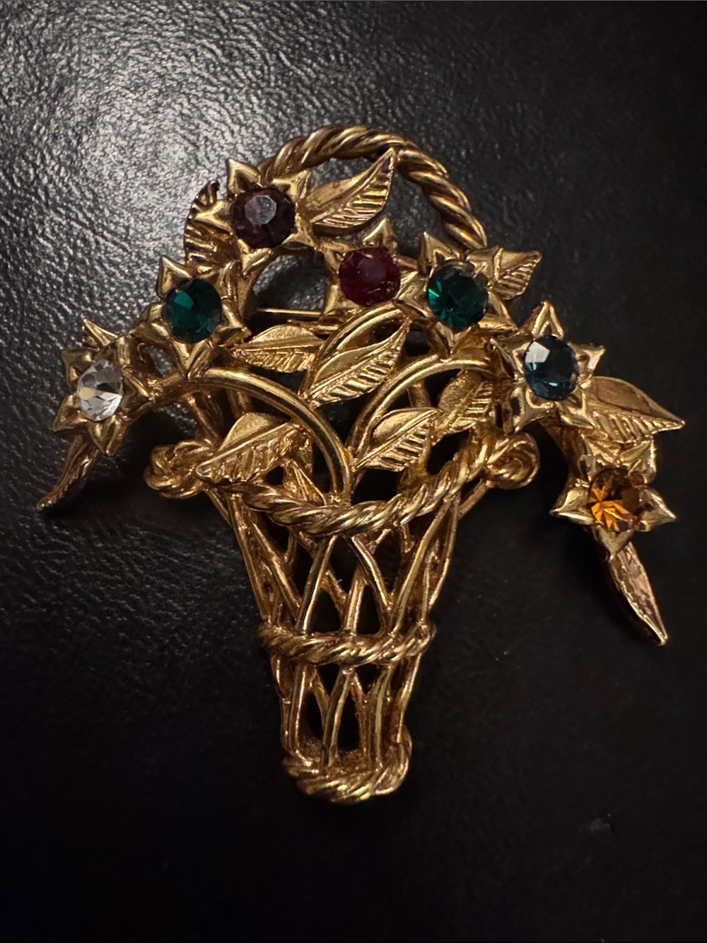 Vintage Joan Rivers Gold-Tone Basket Floral Brooch with Multicolor Stones